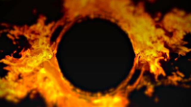 Fire ring circle burning flame corona solar eclipse loop close-up black background 4K