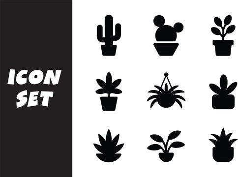 Black and white icon set featuring various stylized potted plants and cacti