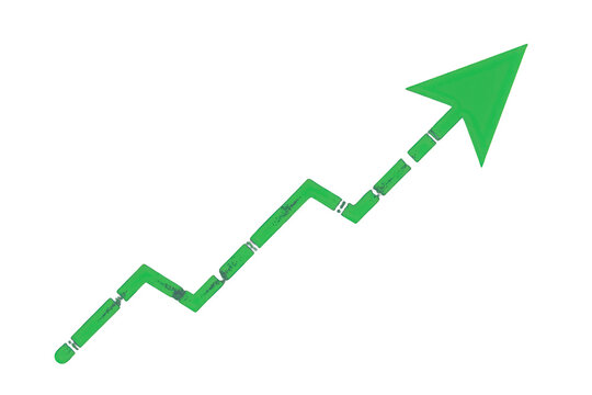Green zigzag arrow showing upward business growth, progress, success, and improvement on a transparent background
