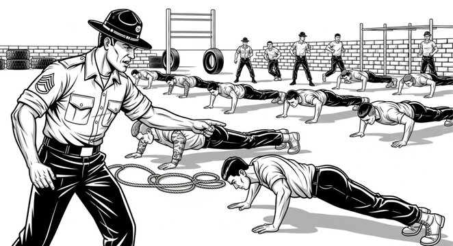 Drill Sergeant Overseeing Push-Ups - Discipline and Physical Training.