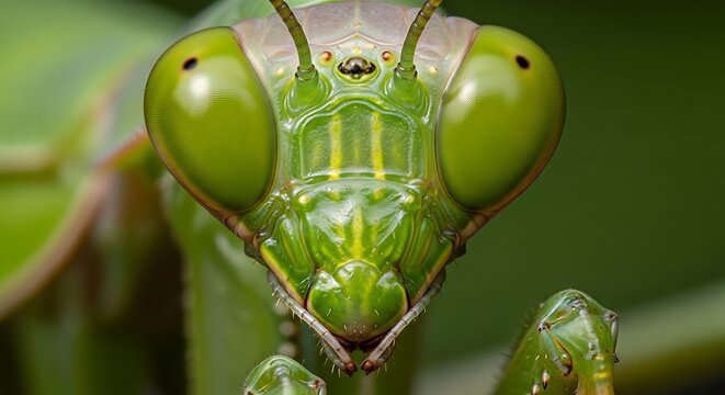 Extreme close-up macro shot of a praying mantis face with large green eyes and intricate details