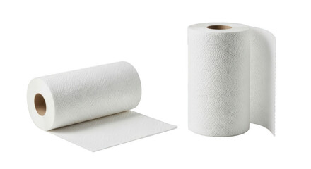 Fototapeta premium Two white kitchen paper towel rolls, one standing and one lying down, isolated on transparent background, PNG cutout clipart