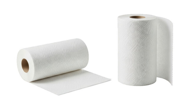 Two white kitchen paper towel rolls, one standing and one lying down, isolated on transparent background, PNG cutout clipart