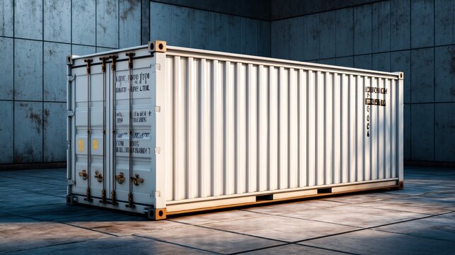 Large white shipping cargo container with rusty metal details indoors