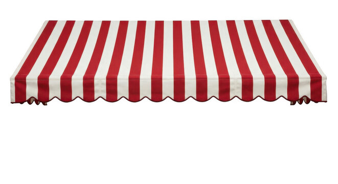 Isolated red and white striped storefront awning canopy with scalloped edge, ready for PNG cutout on transparent background, exterior design element, clipart.