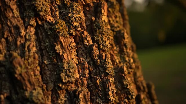 Closeup of tree trunk with bark texture detail in golden light, tree bark, moss growth detail.