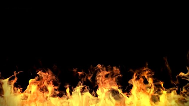 Realistic fire ground line flames burning bottom frame lower third loop black background 4K