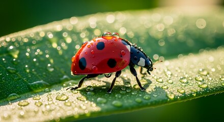 Obraz premium Close-up macro shot of a ladybug covered in water droplets on a green leaf