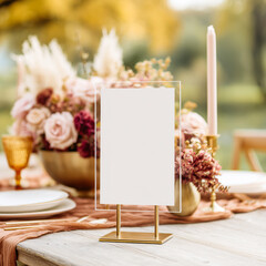 Elegant wedding table setting with a blank acrylic table sign © Myroslava