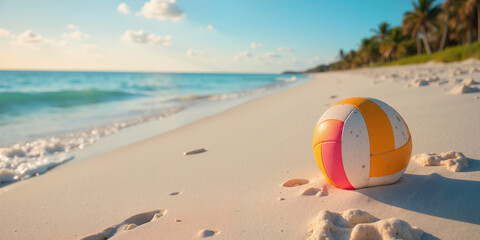 Obraz premium Colorful volleyball sits alone on sandy beach near ocean waves, with distant palm trees and clear blue sky.