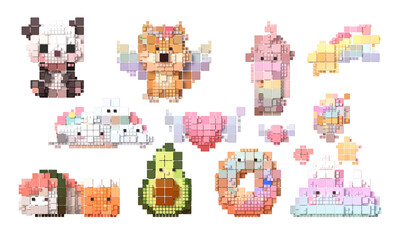 3D Voxel Kawaii Icon Set, Pixel Art Panda Avocado Sushi Donut and Animal Collection Isolated on Transparent Background © FugaStudio