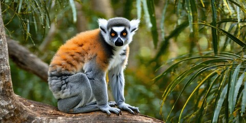 Fototapeta premium Lemur sits upon branch. Orange fur contrasts gray body, bright eyes focus forward. Lush greenery surrounds primate habitat.