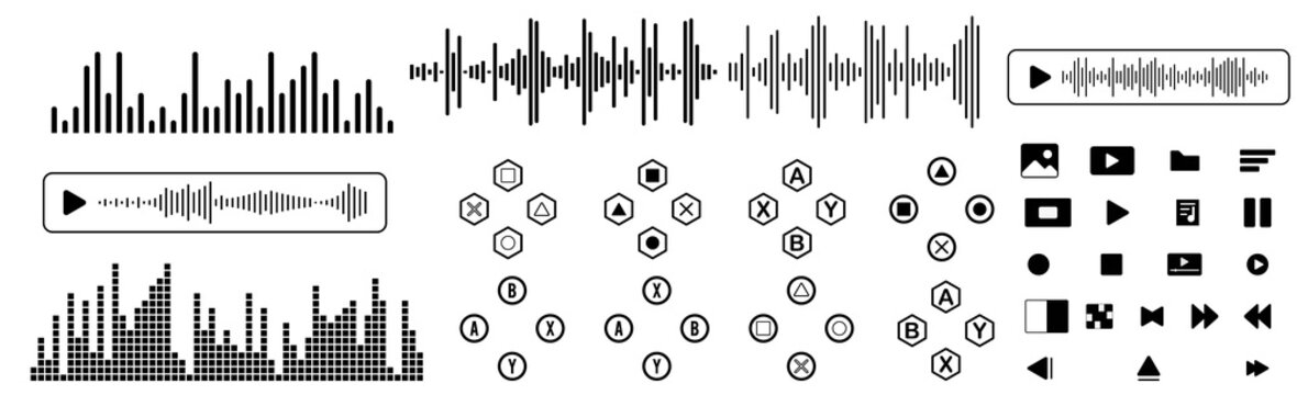 Voice Message UI Design with Play and Stop Preview.Keyboard control keys icon vector set including arrow keys and WASD buttons for gaming and navigation. Ideal for game interfaces, tutorials, and UI d