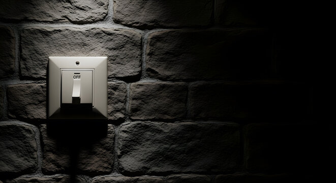 Light switch turned to the off position on dark brick wall. A clear symbolic action for Earth Hour, representing energy conservation and reducing electricity consumption.