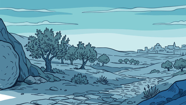 Panoramic religious Easter banner illustration featuring the empty tomb of Jesus with stone rolled away and olive trees along a path leading to Jerusalem city in blue monochrome landscape