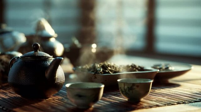 Serene Tea Brewing Scene with Steaming Cups and Leaves