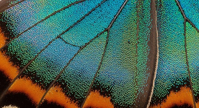 Extreme close-up of a butterfly wing showing iridescent scales and intricate vein patterns