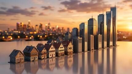 Obraz premium Miniature Houses and Skyscrapers – Urban Growth and Real Estate Housing Concept at Sunset.