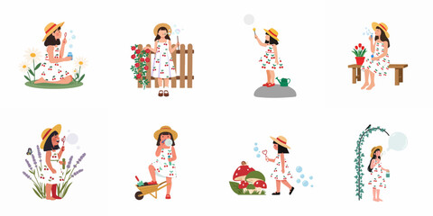 Fototapeta premium Collection of cute little girl character illustrations blowing bubbles, playing in a garden, wearing a cherry print dress and straw hat.