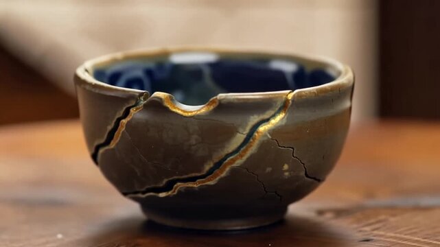 Kintsugi art broken ceramic bowl.