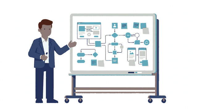 Man in suit presents complex flowchart on whiteboard illustrating business process and strategy with digital interface elements teamwork