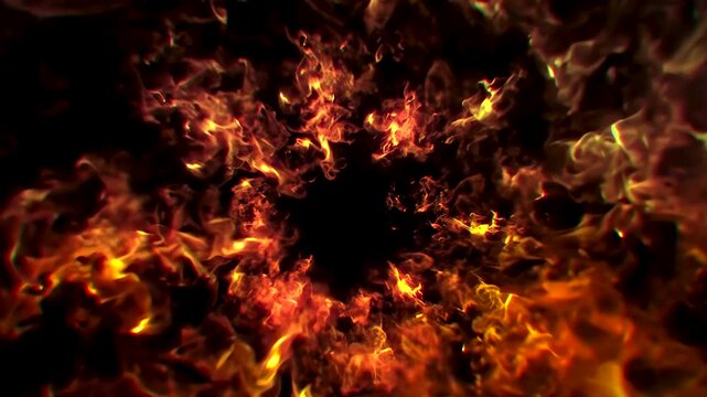 Fire tunnel vortex ring realistic flames dark void center full frame loop black background 4K