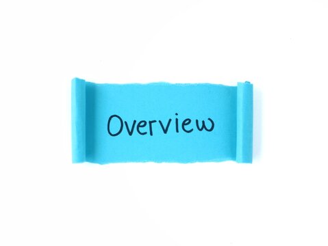 Overview text on blue paper scroll against white background. Perfect for business presentations, website headers, project introductions, and organizational concepts