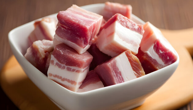 Small cubed pieces of raw pork belly or bacon with visible fat and lean meat in a white bowl, ready for cooking preparation.