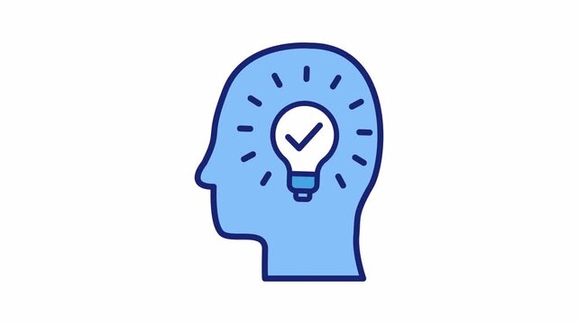 Creativity and valid idea concept animated icon featuring a human head silhouette with a glowing light bulb and checkmark inside on alpha channel for professional business and education motion graphic