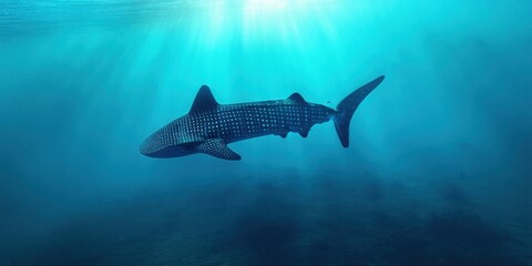 Fototapeta premium Whale shark swims underwater. Sunlight beams illuminate ocean depths. Blue hues dominate scene, creating serene atmosphere.