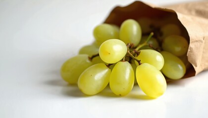 Naklejka premium Ripe yellow grapes spill from a brown kraft paper bag. The close-up view highlights the fresh fruit on a clean white surface. This natural snack is perfect for healthy eating and culinary themes.