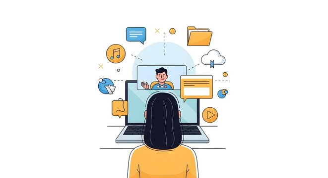 Remote worker on laptop with video call and online cloud storage concept floating icons