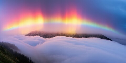 Fototapeta premium Dramatic landscape features vibrant aurora borealis above cloud sea. Mountains silhouette against colorful sky, creating stunning view.