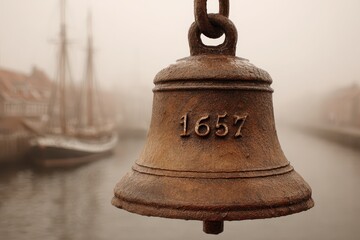 Obraz premium An old, rusty ship's bell from 1657 hangs in front of a foggy canal in Bruges, with a sailing ship visible in the background, creating a mysterious and historic atmosphere.
