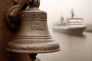 Fototapeta premium A close-up of an old bronze bell on a ship with the name ESSL, creating a vintage and maritime scene in a foggy environment with a blurred ship background.