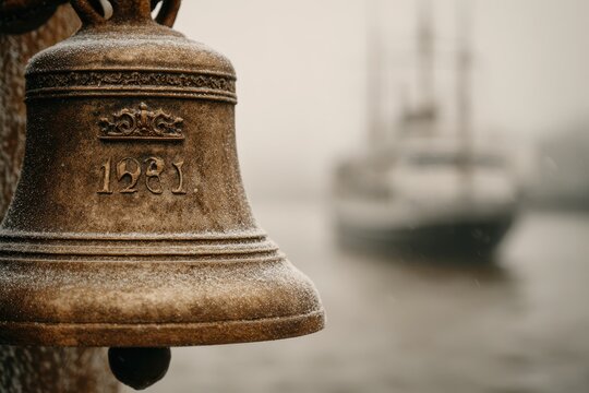 Close up of an old bronze bell dated 1981 in front of a blurry ship in foggy background, historical vintage nautical ship bell and marine vessel.