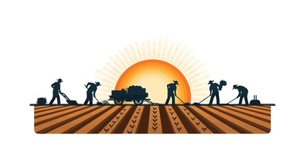 Vector illustration of farm workers in silhouette celebrating Cesar Chavez Day with a solidarity poster and teamwork in a farm field at sunset © Hino