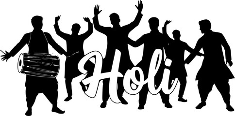 Obraz premium Black silhouette illustration of Indian men celebrating Holi festival with traditional dhol drum, dancing, and jumping joyfully around large Holi text 