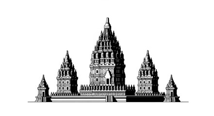 Fototapeta premium Detailed Illustration of the Prambanan Temple Complex in Central Java.