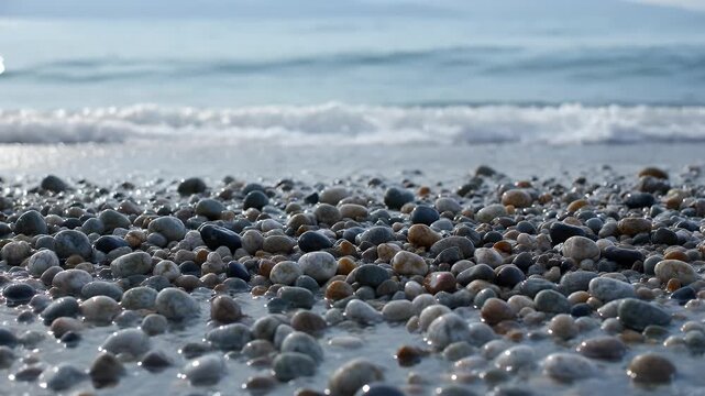 Close-up of wet, smooth pebbles on a beach, gently washed by sea foam and waves