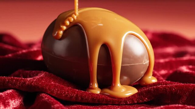 A rich, velvety chocolate sphere with gooey caramel oozing over its smooth surface, resting on a luxurious red fabric
