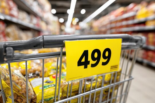 A shopping cart filled with groceries displays a yellow price tag reading '499', with blurred supermarket shelves in the background, indicating an affordable shopping experience.