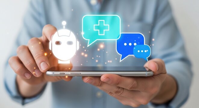 AI healthcare chatbot and digital medical assistance. person using smartphone with healthcare chatbot interface, ai medical assistant for digital health consultation, online medical support