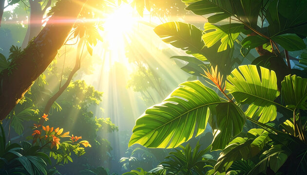 Sunlight filters through lush tropical plant leaves in a vibrant jungle environment.