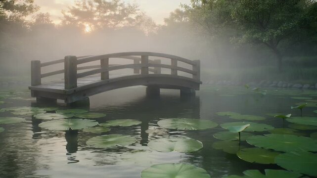 Serene pond with an arched wooden bridge, abundant lily pads, and misty forest backdrop