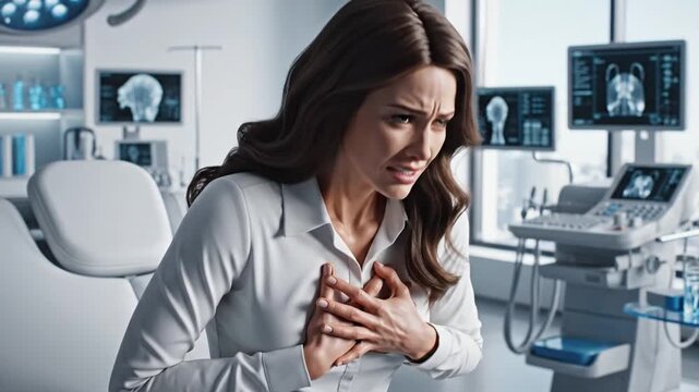 A woman clutching her chest in pain in a medical setting with various diagnostic equipment in the background