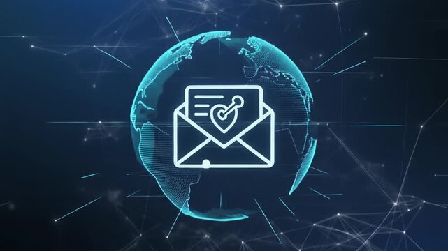 A digital illustration of a glowing blue globe centered on North America with a white outline of an envelope containing an opened letter with a heart on it, surrounded by a network of lines and nodes