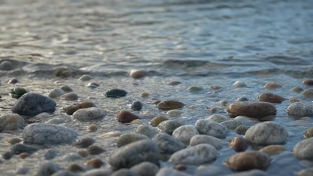 Shoreline with wet, smooth, colorful pebbles partially submerged in calm, rippling water