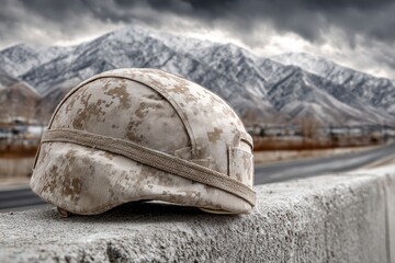 Naklejka premium A military helmet rests on a concrete barrier, a symbolic reminder of service and sacrifice, against a backdrop of snow-capped mountains and stormy skies.