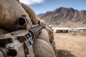Naklejka premium An assault rifle positioned in a defensive position, protected by sandbags, with a mountainous landscape and a building in the background on a bright sunny day.